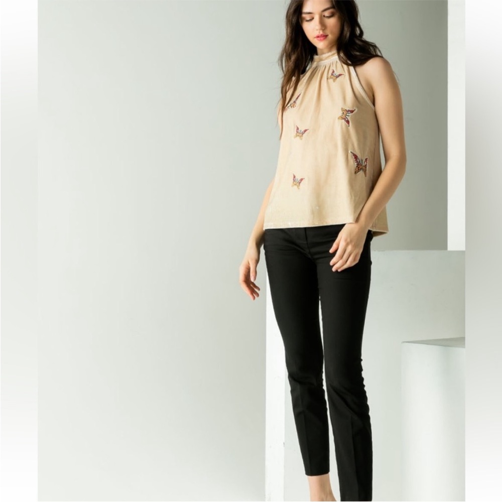 THML Halter Embroidered Butterfly Velvet Top